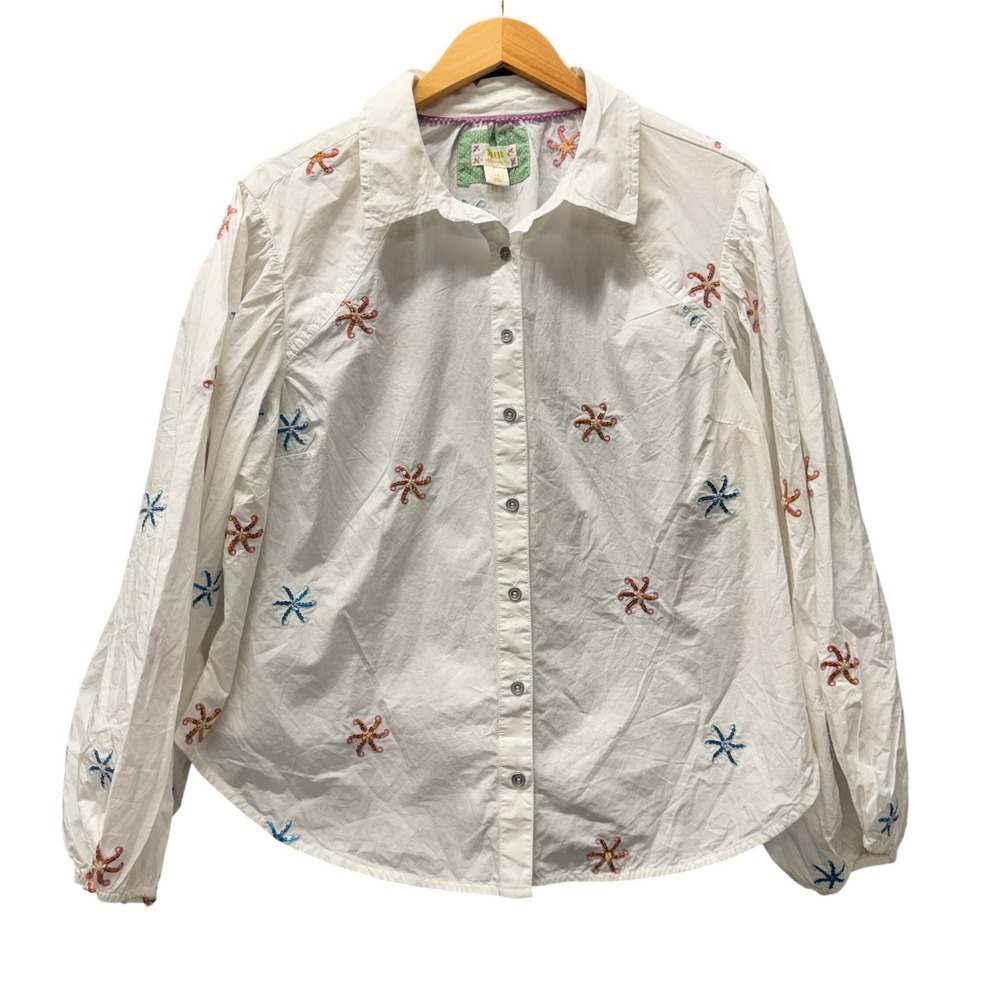 Maeve Blouse Womens 1X Sequin Starfish White Coastal Button Up Shirt Coastal